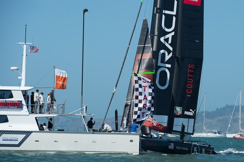 Despite Russell Coutts burying the starboard hull of Oracle 5 in the committee boat he was only one place behind Emirates Team NZ in the final points - ACWS - San Francisco © Chris Cameron/ETNZ http://www.chriscameron.co.nz