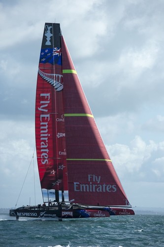 Emirates Team New Zealand AC72 foiling in the Hauraki Gulf, Auckland on the fifth day of testing. © Chris Cameron/ETNZ http://www.chriscameron.co.nz