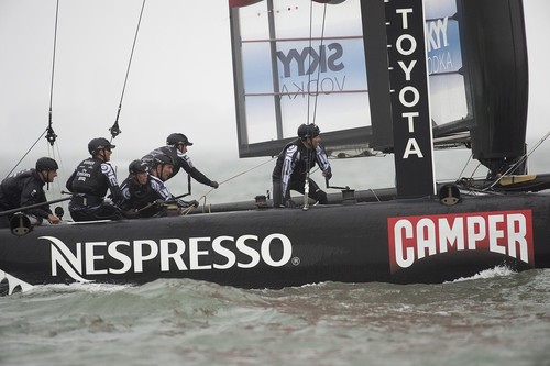 Emirates Team New Zealand lead Artemis Racing Red around all the way around the course in their Match race on day one of the America’s Cup World Series, San Francisco.  © Chris Cameron/ETNZ http://www.chriscameron.co.nz