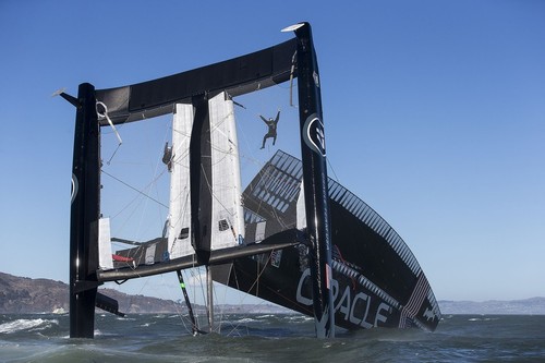 ORACLE Team USA AC 72 capsizes during training in San Francisco Bay and is pushed out of the bay by the tide current as the team try to salvage the platform.  © Guilain Grenier Oracle Team USA http://www.oracleteamusamedia.com/