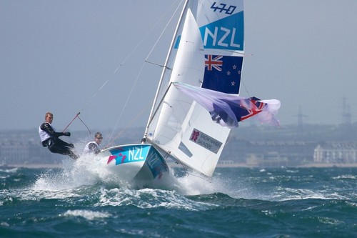 Paul Snow-Hansen and Jason Saunders approach the second mark in second place in the opening race of the 470 Olympic Regatta, Weymouth © Richard Gladwell www.photosport.co.nz
