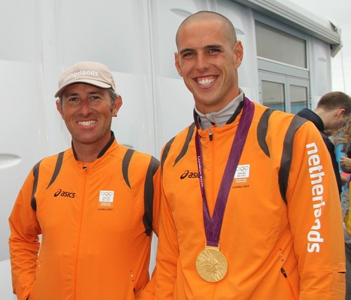 Aaron Mcintosh (left) with Dorian van Rijsselberge after the 2011 World Champion won the 2012 Olympic Gold Medal in Weymouth &copy; Richard Gladwell www.photosport.co.nz
