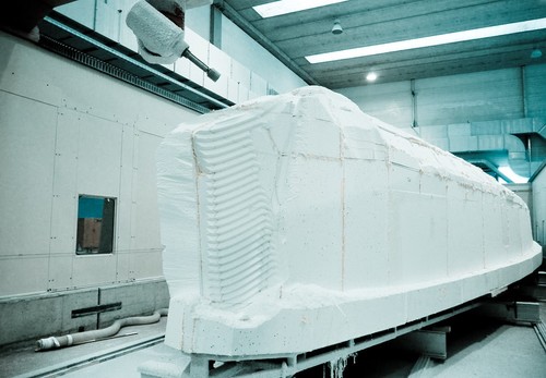 The plug of the mould of the new 65-foot hull being shaped at Persico Spa. © Volvo Ocean Race http://www.volvooceanrace.com