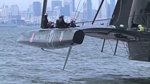 Oracle Team USA’s Boat 1.0 showing the L daggerboard and rudder. © SW