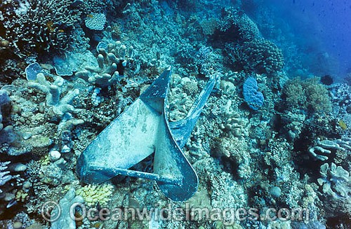 Reef Destruction. A boats anchor caught up on a tropical coral reef. Great Barrier Reef, Queensland, Australia - photo by oceanwideimages.com ©  SW