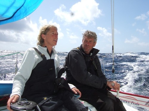 Miranda Merron and Halvard Mabire on Class40 leader Campagne de France © Transat Quebec Saint-Malo http://www.quebecsaintmalo.com