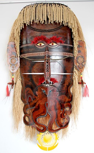 One of the Alick Tipoti Sorcerer's masks on display at the Canopy Artspace. ©  John Curnow