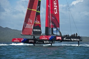 06/09/2012 - Auckland, (NZL) - 34th America's Cup - Emirates Team New Zealand AC72 foiling in the Hauraki Gulf, Auckland on the fifth day of testing. 6/9/2012 - Club Marine America's Cup Tour 2013 photo copyright Guilain Grenier/FFV taken at  and featuring the  class