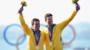 Mat Belcher & Malcolm Page at the medal ceremony during the London 2012 Olympic Games photo copyright Jordan Reece taken at  and featuring the  class