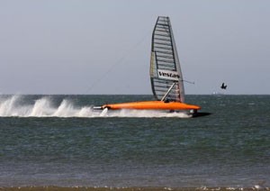 The foil is riding nice and high here. I like the pulses in the spray. They are most likely caused by the small chop. The colour of vsr2 is inspired by the bell x1 that first broke the sound barrier. I believe she would also have a sort of sonic pulse in her rocket exhaust. Humour me. - Vestas Sailrocket 2 photo copyright Dave and Gordon Cameron / Vestas Sailrocket http://www.sailrocket.com/ taken at  and featuring the  class