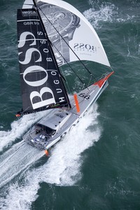 Aerial photo-shoot of the IMOCA Open 60 Alex Thomson Racing Hugo Boss during a training session before the VendÈe Globe in the English Channel..The VendÈe Globe is a round-the-world single-handed yacht race, sailed non-stop and without assistance. photo copyright Christophe Launay taken at  and featuring the  class