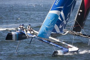 Act 4, Porto. Day 04. Images on the final day of racing, showing The Wave Muscat, skippered by Leigh McMillan (GBR), with tactician Ed Smyth (NZL), mainsail trimmer Pete Greenlagh (GBR), headsail trimmer Bleddyn Mon (GBR) and bowman Hashim Al Rashdi (OMA)- Extreme Sailing Series 2012 photo copyright Roy Riley / Lloyd Images http://lloydimagesgallery.photoshelter.com/ taken at  and featuring the  class