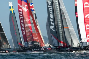 Emirates Team New Zealand rounding the first mark of the first fleet race on day two of the America's Cup World Series, San Francisco. 4/10/2012 photo copyright Chris Cameron/ETNZ http://www.chriscameron.co.nz taken at  and featuring the  class