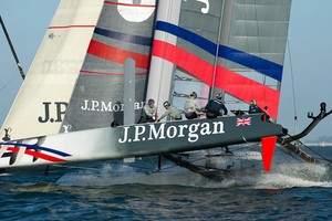 J.P.Morgan lead against Emirates Team New Zealand and Artemis Red in the first fleet race on day two of the America's Cup World Series, San Francisco. 4/10/2012 photo copyright Chris Cameron/ETNZ http://www.chriscameron.co.nz taken at  and featuring the  class