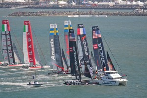Oracle Racing Coutts - at the windward end of the line hits the Committee Boat - 2 photo copyright Christophe Favreau http://christophefavreau.photoshelter.com/ taken at  and featuring the  class