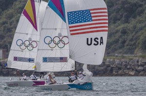 Anna Tunnicliffe, Debbie Capozzi and Molly O’Bryan Vandemoer (USA) competing in the Women&rsquo;s Match Racing event at the London Olympics 2012. photo copyright 2012 Daniel Forster/go4image.com http://www.go4image.com/ taken at  and featuring the  class