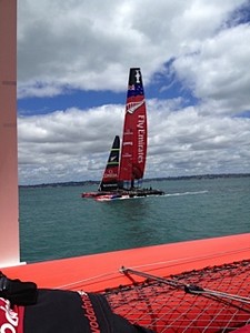 TeamVodafoneSailing lines up against the ETNZ AC72 photo copyright TeamVodafoneSailing www.teamvodafonesailing.co.nz taken at  and featuring the  class