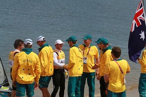 Olympic Games Sailing at Weymouth, Dorset August 2012. Australia's Nathan Outteridge (helmsman in baseball cap) and Ian Jensen celebrate winning gold in the 49er class at the London Olympics. photo copyright Ingrid Abery http://www.ingridabery.com taken at  and featuring the  class