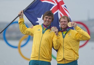 20120808 Copyright onEdition 2012© 
Free for editorial use image, onEdition 
 
Nathan Outerridge and Iain Jensen (AUS) who won Gold Medal today, 08.08.12, in the Medal Race Men's Skiff (49er) event in The London 2012 Olympic Sailing Competition. 
 
The London 2012 Olympic Sailing Competition runs from 29 July to 12 August and brings together 380 of the world's best sailors to race on Weymouth Bay. 
Sailing made its Olympic debut in 1900 and has appeared at every Olympic Games since 1908 photo copyright onEdition http://www.onEdition.com taken at  and featuring the  class