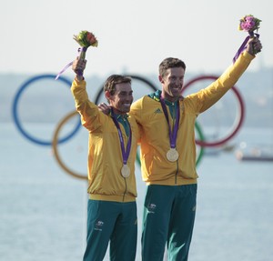 20120810 Copyright onEdition 2012©
Free for editorial use image, onEdition

Mathew Belcher and Malcolm Page (AUS) who won the Gold Medal today, 10.08.12, in the Medal Race Men's Two Person Dinghy (470) event in The London 2012 Olympic Sailing Competition.

The London 2012 Olympic Sailing Competition runs from 29 July to 12 August and brings together 380 of the world's best sailors to race on Weymouth Bay.
Sailing made its Olympic debut in 1900 and has appeared at every Olympic Gam photo copyright onEdition http://www.onEdition.com taken at  and featuring the  class