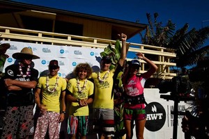 Pro Men on the podium; 4th Nat Gill, 3rd Camille Juban, 2nd Bernd Roediger, 1st Kevin Pritchard, Tour Director Sam Bittner - 2012 AWT Maui Makani Classic photo copyright American Windsurfing Tour http://americanwindsurfingtour.com/ taken at  and featuring the  class
