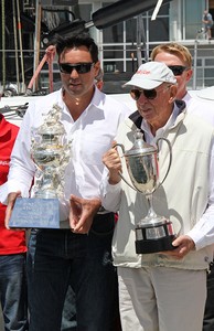 Mark Richards with the George Adams Tattersall Cup for Overall Handicap winner and Bob Oatley with the JH Illingworth Trophy for  Line Honours winner - Rolex Sydney Hobart Race 2012 photo copyright Dale Lorimer taken at  and featuring the  class