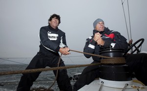 Onboard L’Hydroptère DCNS, Alain Thébault and his crew (Jacques Vincent, Yves Parlier, Jean Le Cam, Robert Douglas) sailing in San Francisco, California, USA. photo copyright Christophe Launay taken at  and featuring the  class