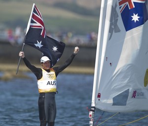 Tom Slingsby (AUS) who won the Gold Medal today, 06.08.12, in the Medal Race Men&rsquo;s One Person Dinghy (Laser) event in The London 2012 Olympic Sailing Competition. photo copyright onEdition http://www.onEdition.com taken at  and featuring the  class