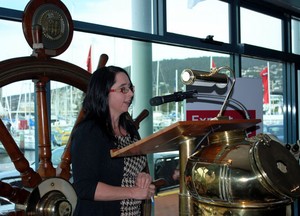 Tasmanias Minister for Sport, Michelle O'Byrne, at the helm in launching the Audi Showdown Regatt photo copyright Rob Cruse taken at  and featuring the  class