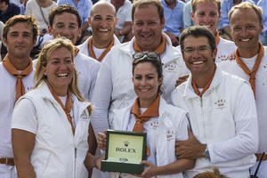 Prizegiving Ceremony at La Citadelle.
Philippe Schaeffer, Director of Rolex France, awards a Rolex Timepiece to Allegra and Alessandra Gucci, owner of AVEL photo copyright  Rolex / Carlo Borlenghi http://www.carloborlenghi.net taken at  and featuring the  class