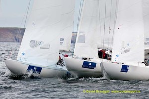 Tuesday 11th September 2012 - Kinsale, Co. Cork: ``Mind your hands!`` - a three-boat collision during a close mark rounding on the third day of racing in the Brewin Dolphin Dragon Gold Cup at Kinsale Yacht Club.  Photograph: David Branigan/Oceansport


 photo copyright David Branigan - Oceansport.ie taken at  and featuring the  class