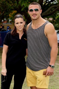 Rabbitohs great British international Sam Burgess with 18ft skiffs Angela Radojcic photo copyright Frank Quealey /Australian 18 Footers League http://www.18footers.com.au taken at  and featuring the  class