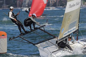 Thurlow Fisher goes wrong way at rounding mark. - 18ft Skiffs: 2012 NSW Championship, Race 1 photo copyright Frank Quealey /Australian 18 Footers League http://www.18footers.com.au taken at  and featuring the  class