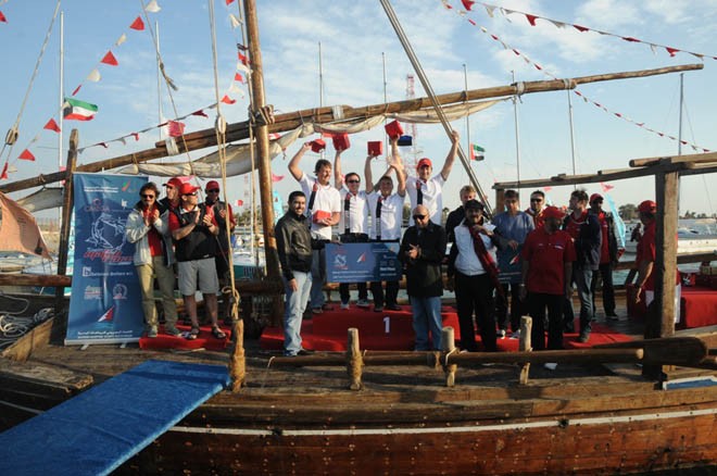 The top three teams on the podium with officials at the closing ceremony - 2012 Kingdom Match Race © Rami Ayoob