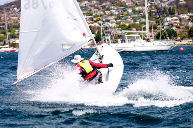 A laser sailor out of control on the Derwent - 2012 International Laser Australian championships © Dane Lojek