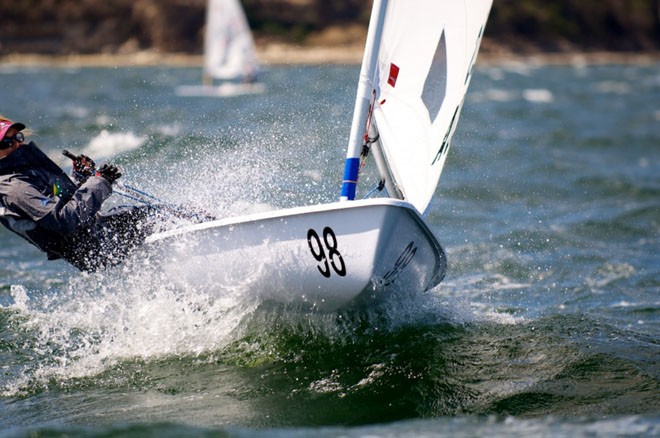 Queensland Laser Radial sailor Louise Evans planing down the Derwent. - 2012 International Laser Australian championships © Dane Lojek