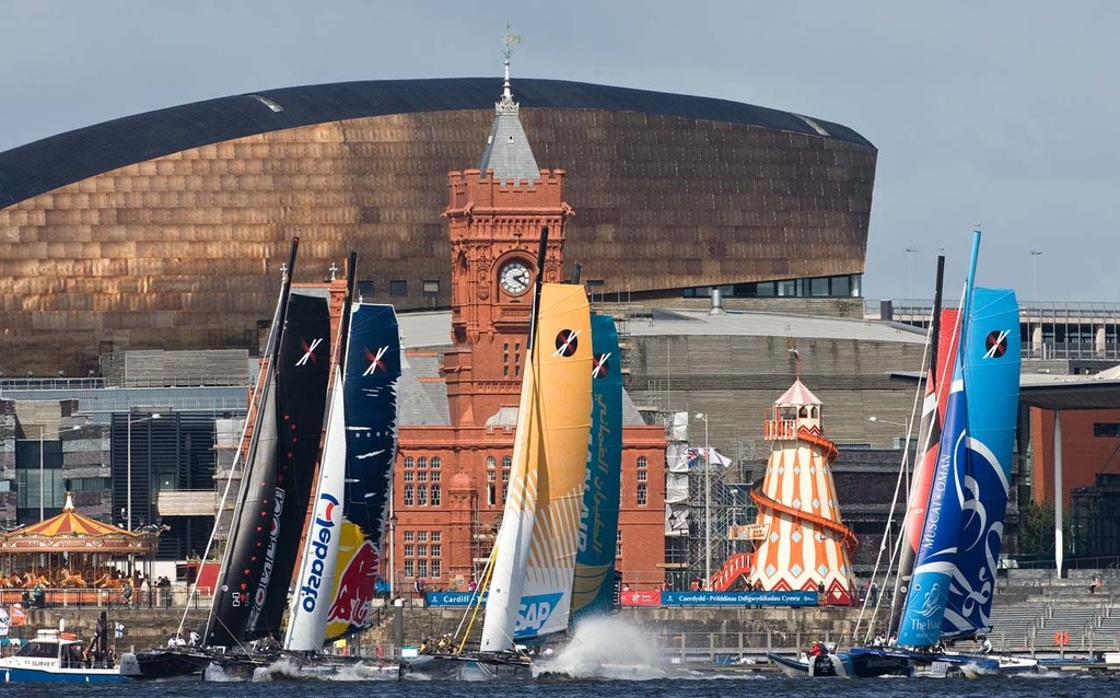 Act 5, Cardiff: 2012 Extreme Sailing Series: The fleet took on an a tight stadium race in Cardiff Bay in gusty winds making for an action packed racing. photo copyright Lloyd Images http://lloydimagesgallery.photoshelter.com/ taken at  and featuring the  class