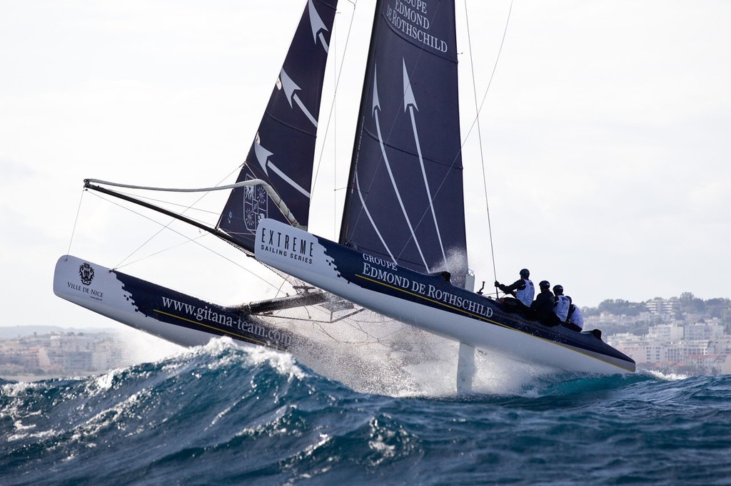 Act 7, Nice, Extreme Sailing Series. Day 01. Images showing Groupe Edmond De Rothschild, skippered by Pierre Pennec (FRA), with tactician Arnaud Psarofaghis (SUI), mainsail trimmer Christophe André (FRA), headsail trimmer Romain Petit (FRA) and bowman Romain Motteau (FRA).  
 
 
Credit: Lloyd Images photo copyright Lloyd Images http://lloydimagesgallery.photoshelter.com/ taken at  and featuring the  class