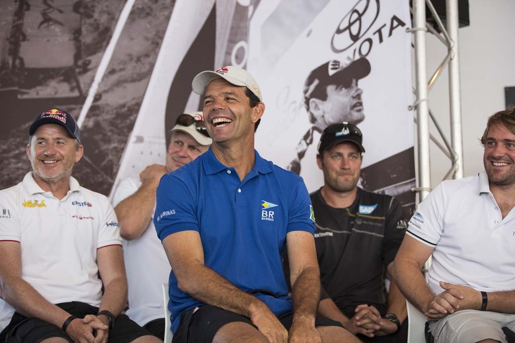 Skipper of Team Brasil, Torben Grael, shares a laugh with some of the other Extreme 40 skippers at the official event press conference. - 2012 Extreme Sailing Series - Act 8 Rio &copy; Lloyd Images http://lloydimagesgallery.photoshelter.com/