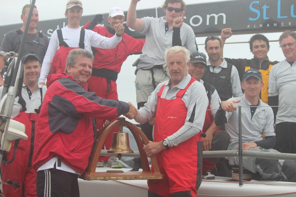 The Wedgetail crew celebrate with the Line Honours trophy with CHYC Commodore Garry Ennis  - 2013 Club Marine Pittwater and Coffs Harbour Regatta © Damian Devine