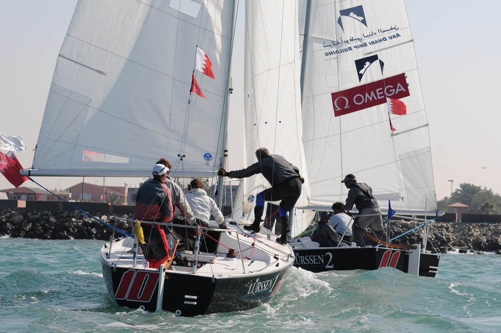 Russia 'A' and Estonia teams sail their J24 boats in the final - 2012 Kingdom Match Race photo copyright Rami Ayoob taken at  and featuring the  class