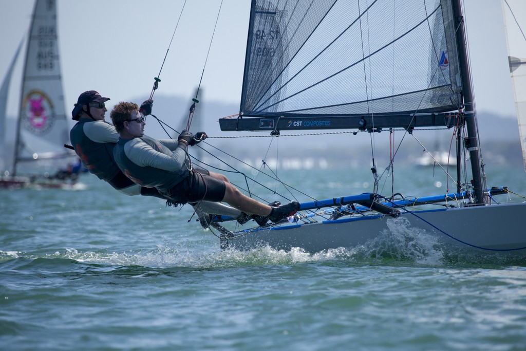 Challengers Meaty and Willow leading the fleet up the first work - International 14 Australian Championships  © Andrew Gough