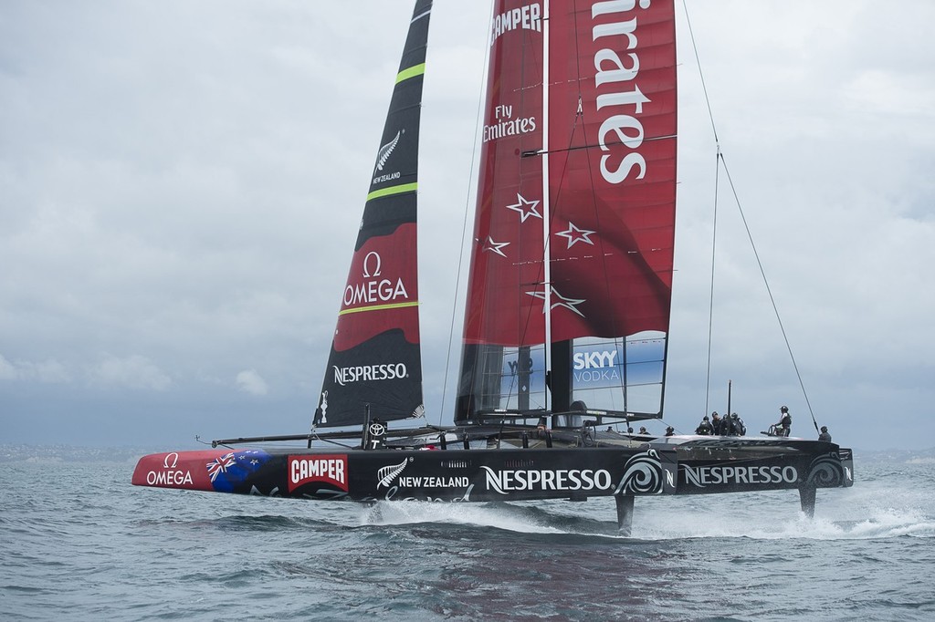 Emirates Team New Zealand training with  the team’s first AC72 on the Hauraki Gulf. 6/12/2012 © Chris Cameron/ETNZ http://www.chriscameron.co.nz
