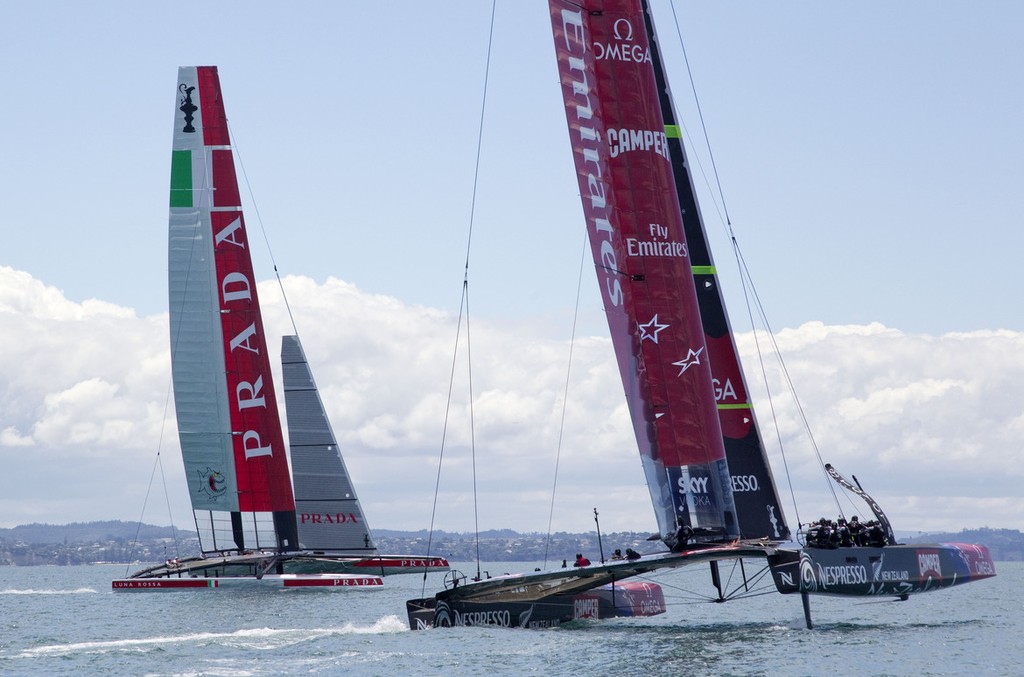Luna Rossa and Emirates Team New Zealand, racing on the Hauraki Gulf, December 2012 photo copyright Luna Rossa Challenge 2013 http://www.lunarossachallenge.com/ taken at  and featuring the  class