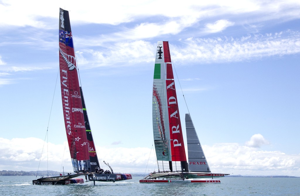 Luna Rossa and Emirates Team New Zealand, racing on the Hauraki Gulf, December 2012 photo copyright Luna Rossa Challenge 2013 http://www.lunarossachallenge.com/ taken at  and featuring the  class