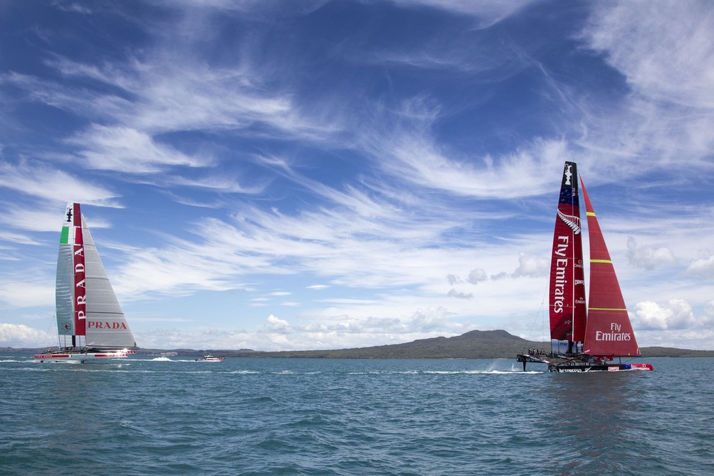 Luna Rossa and Emirates Team New Zealand, racing on the Hauraki Gulf, December 2012 photo copyright Luna Rossa Challenge 2013 http://www.lunarossachallenge.com/ taken at  and featuring the  class