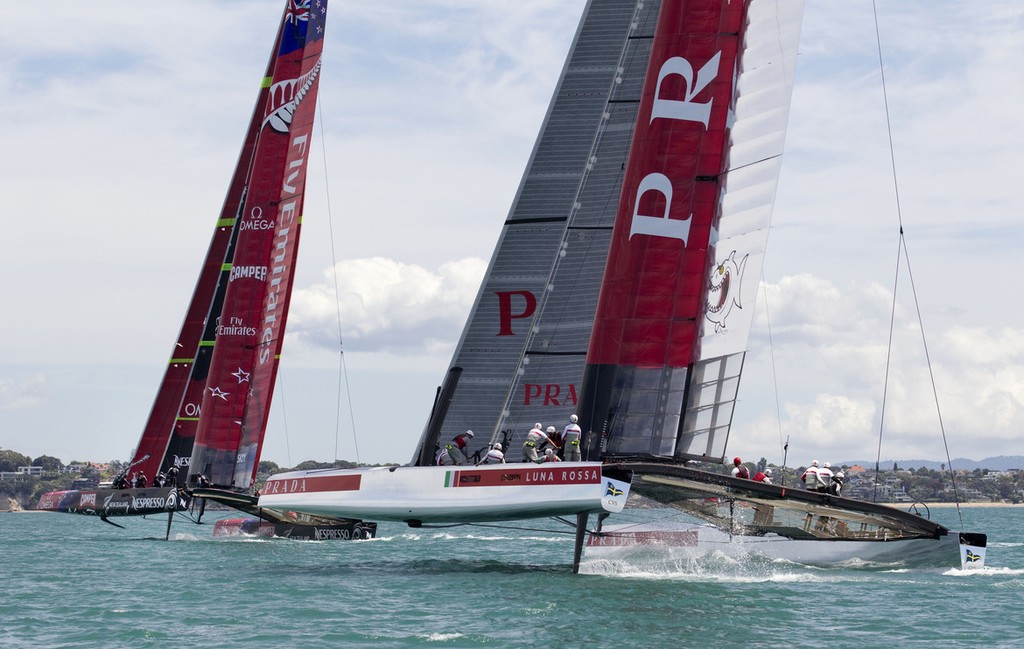 Luna Rossa and Emirates Team New Zealand, racing on the Hauraki Gulf, December 2012 photo copyright Luna Rossa Challenge 2013 http://www.lunarossachallenge.com/ taken at  and featuring the  class