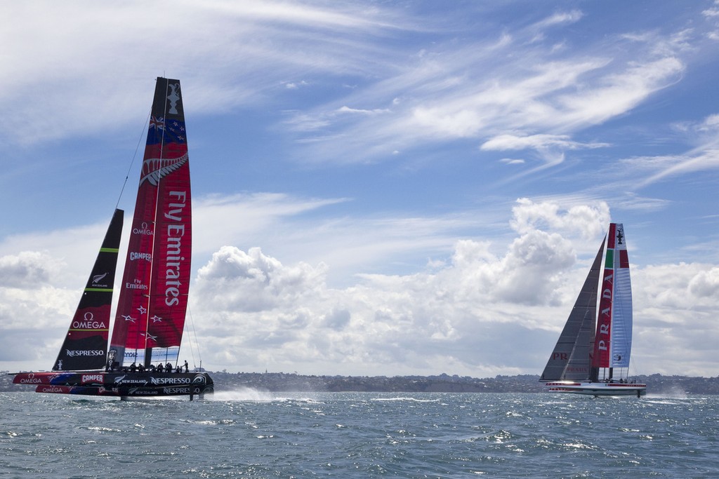 Luna Rossa and Emirates Team New Zealand, racing on the Hauraki Gulf, December 2012 photo copyright Luna Rossa Challenge 2013 http://www.lunarossachallenge.com/ taken at  and featuring the  class