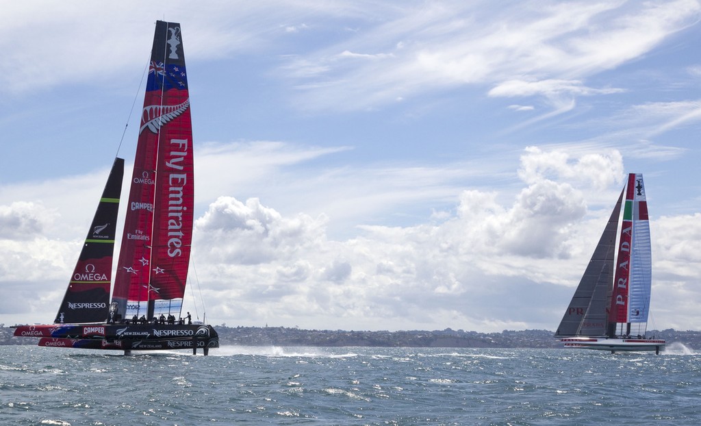 Luna Rossa and Emirates Team New Zealand, racing on the Hauraki Gulf, December 2012 photo copyright Luna Rossa Challenge 2013 http://www.lunarossachallenge.com/ taken at  and featuring the  class