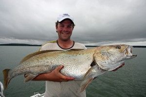 Ron Smith displays his prized catch, a Western Port mulloway caught on a small bait. photo copyright Jarrod Day taken at  and featuring the  class